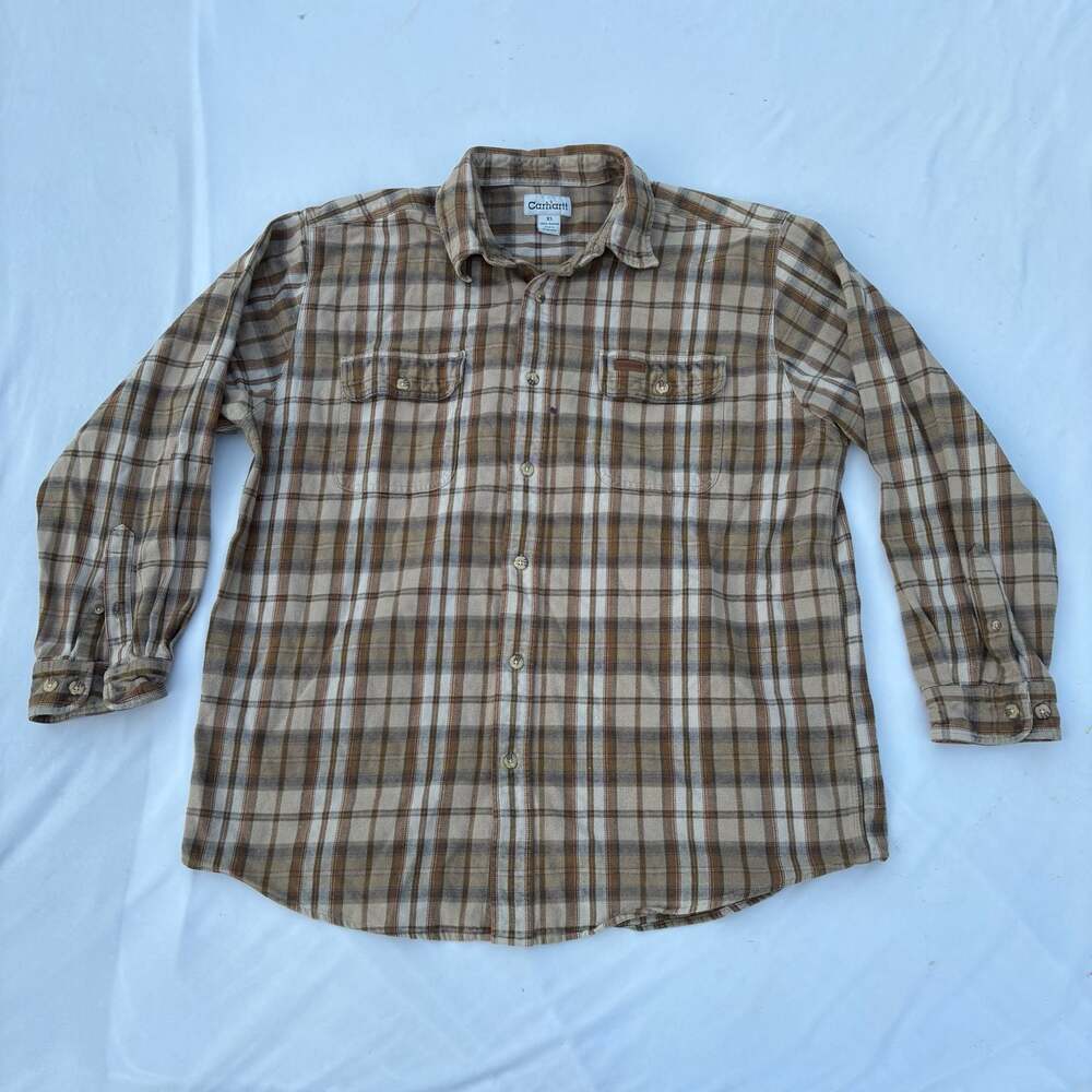 Carhartt Plaid Long Sleeve Button-Up Flannel Shirt Brown Tan XL